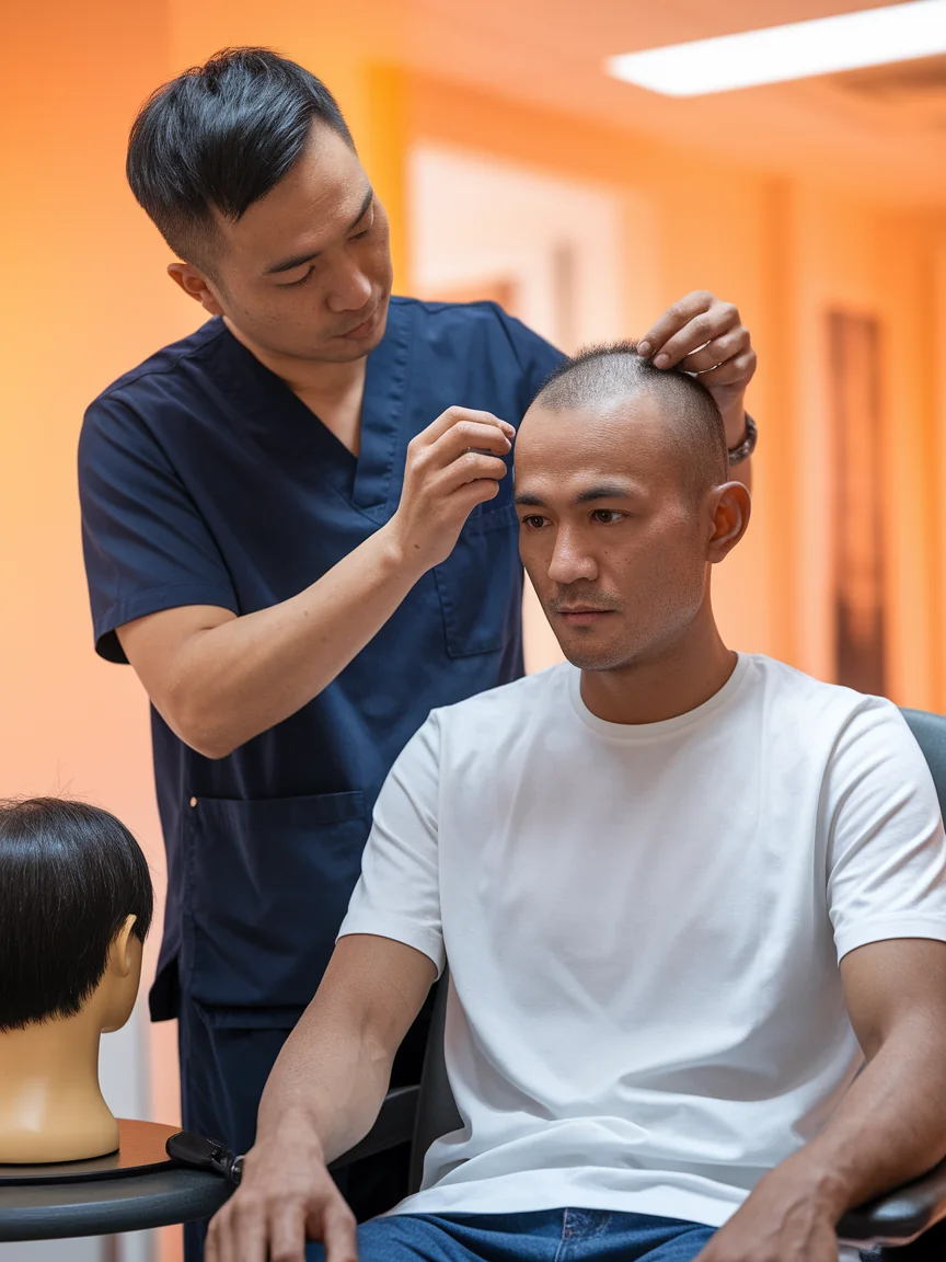 Measuring the scalp before a custom hair system is made